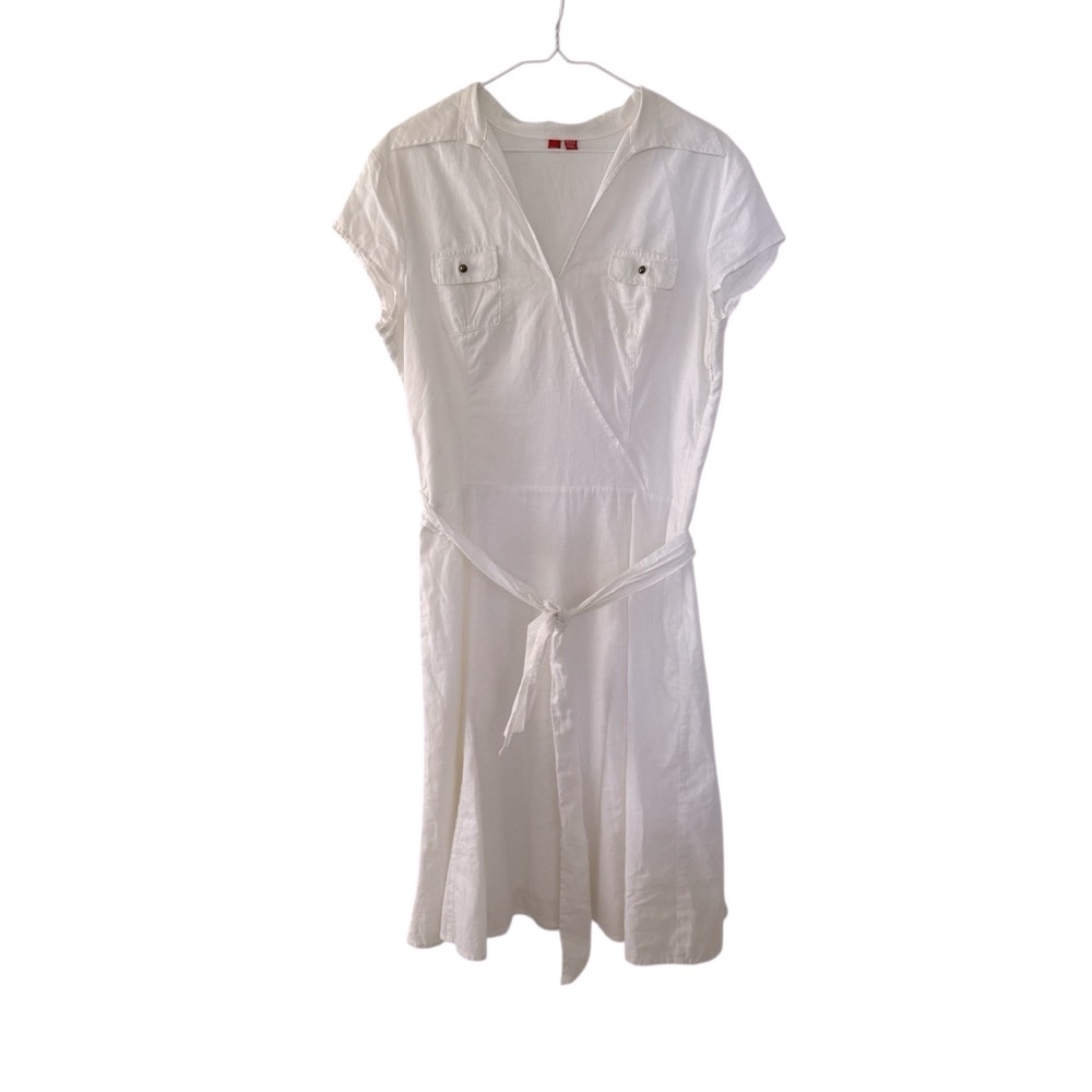 Esprit White Flax Linen Blend A-Line V Neck Crossover Belted Dress Size 12